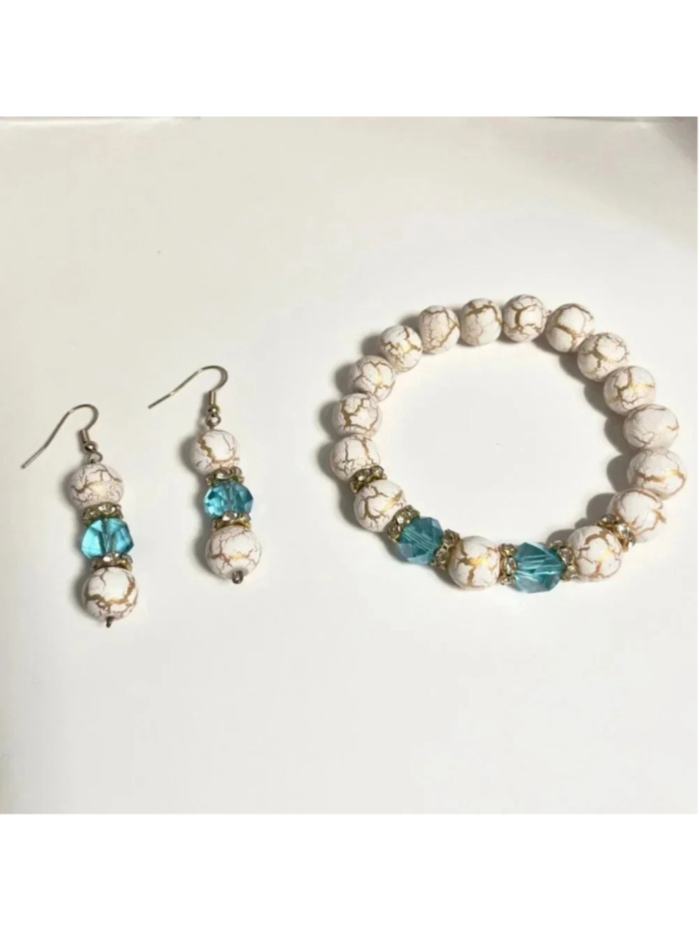 Handmade Bead Earrings & Stretch Bracelet Jewelry Set Blue, White with Gold